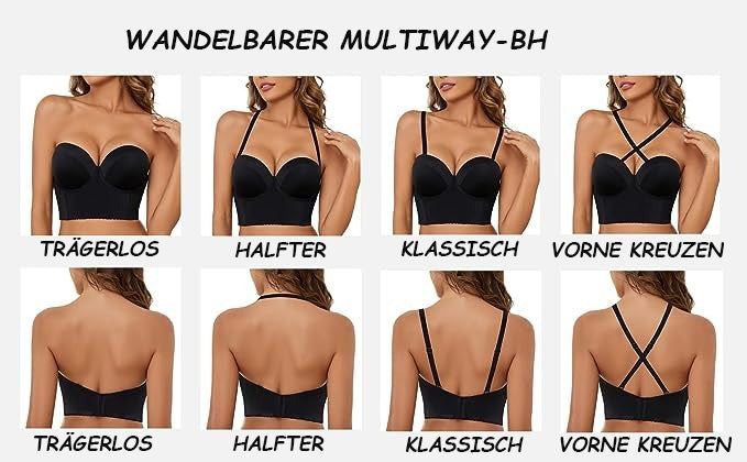 Strapless bra for women with a deep back and long, multidirectional push-up