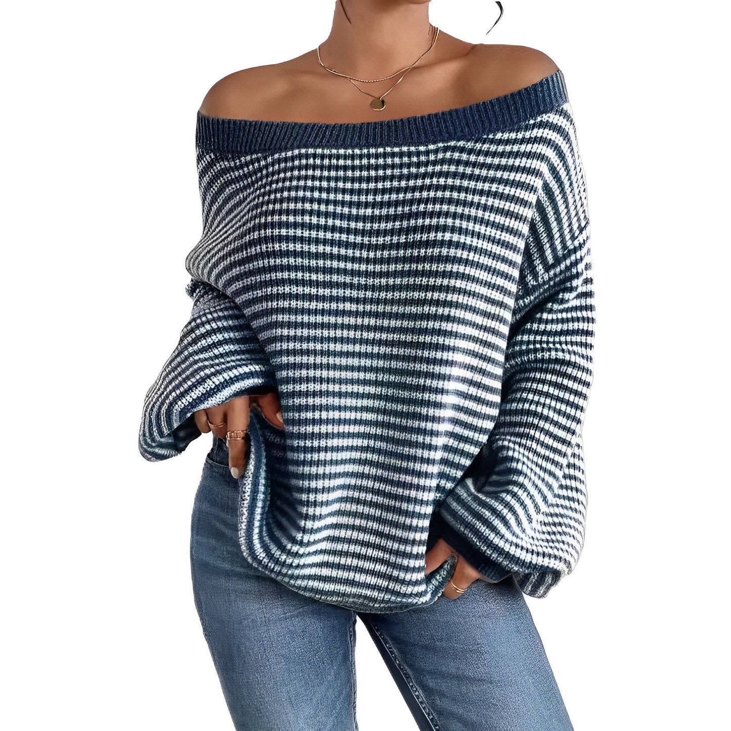 Casual sweater - Stripes and bare shoulders - Comfortable and trendy