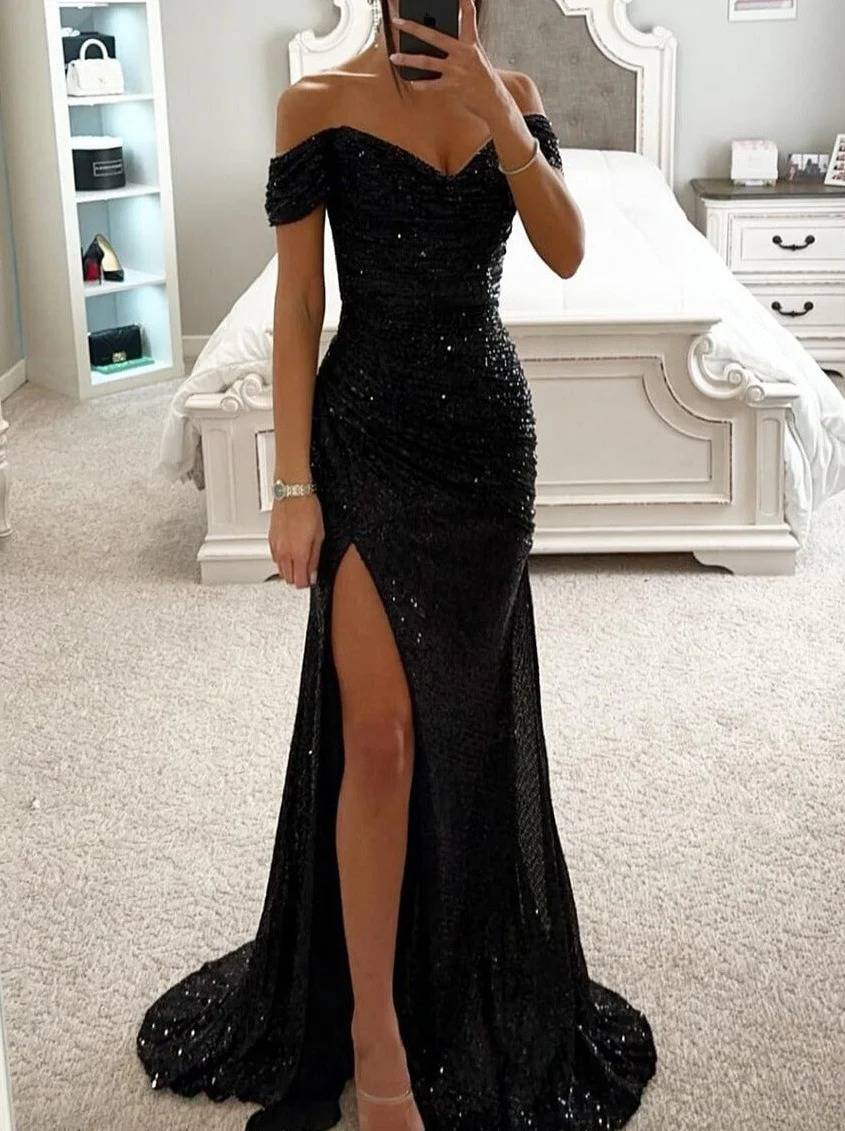 Zaprada long strapless dress with shiny sequins, slit on the side, mermaid neckline, sleeveless, elegant evening dress for women, formal occasions