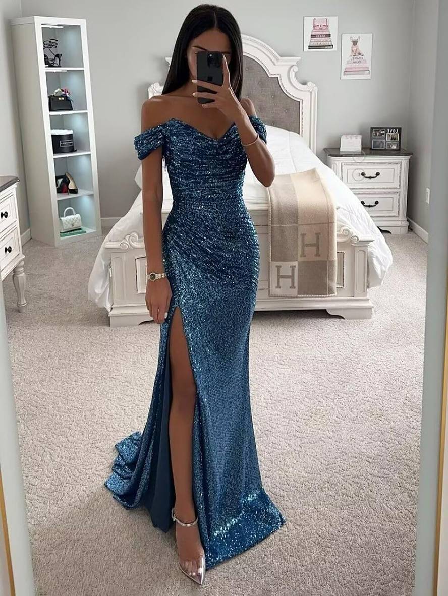 Zaprada long strapless dress with shiny sequins, slit on the side, mermaid neckline, sleeveless, elegant evening dress for women, formal occasions