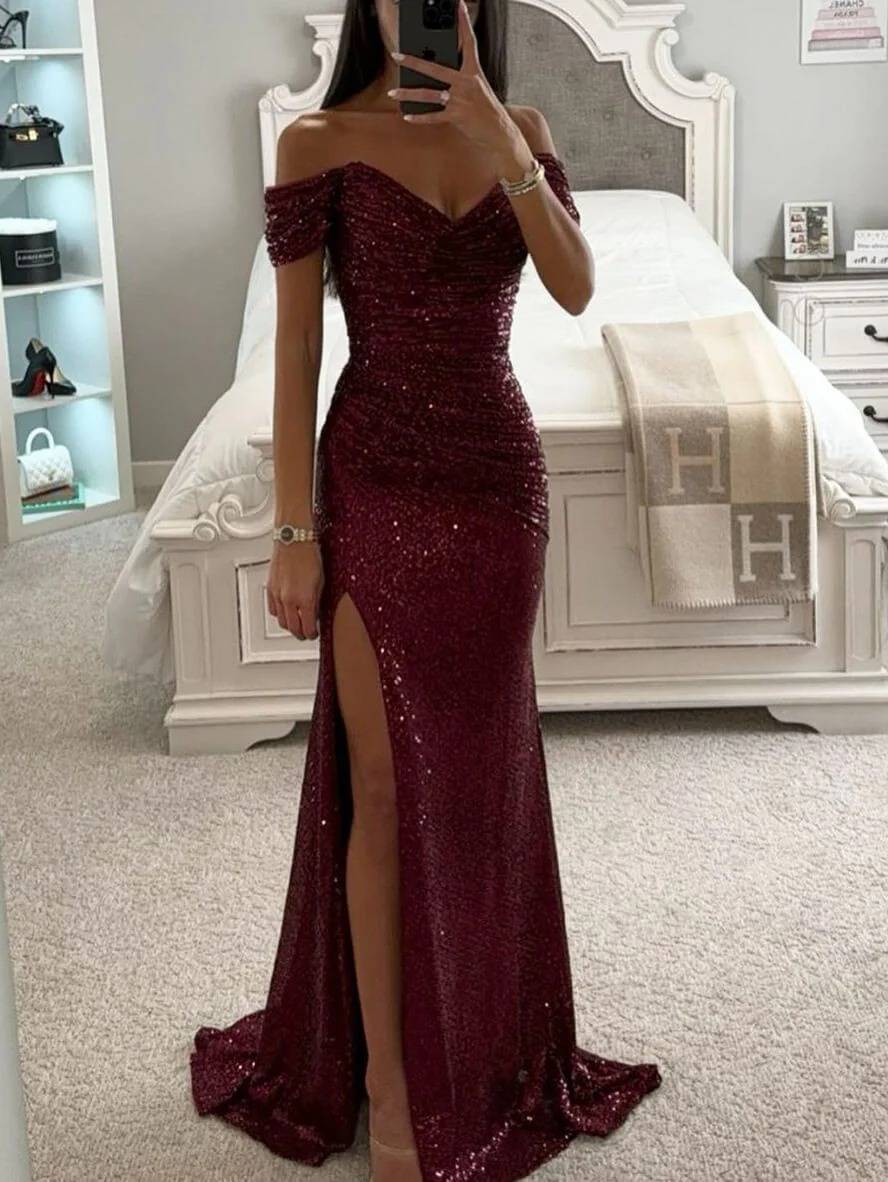 Zaprada long strapless dress with shiny sequins, slit on the side, mermaid neckline, sleeveless, elegant evening dress for women, formal occasions