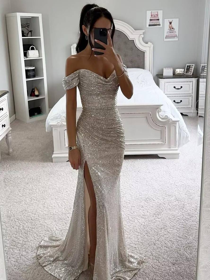 Zaprada long strapless dress with shiny sequins, slit on the side, mermaid neckline, sleeveless, elegant evening dress for women, formal occasions