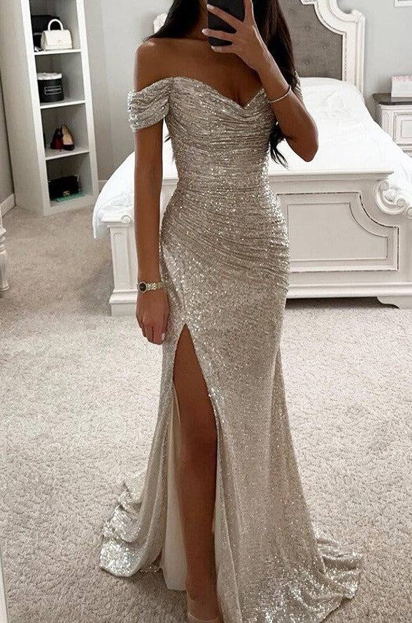 Zaprada long strapless dress with shiny sequins, slit on the side, mermaid neckline, sleeveless, elegant evening dress for women, formal occasions
