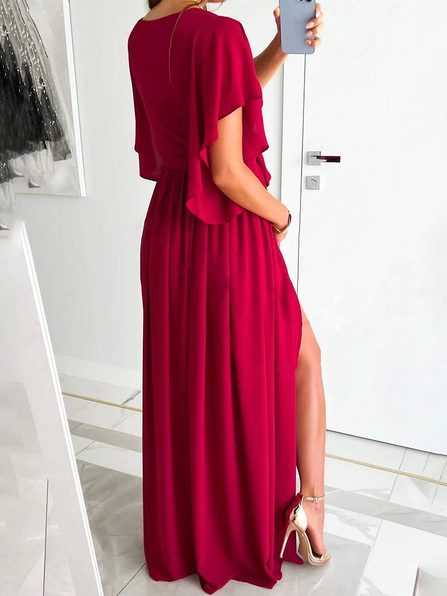 Zaprada long dress v-neck split side fluid belt short sleeves elegant evening prom woman