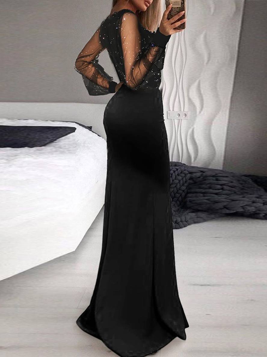 Zaprada long dress v-neck shiny sequin split side ruffled long sleeves elegant woman evening ceremony