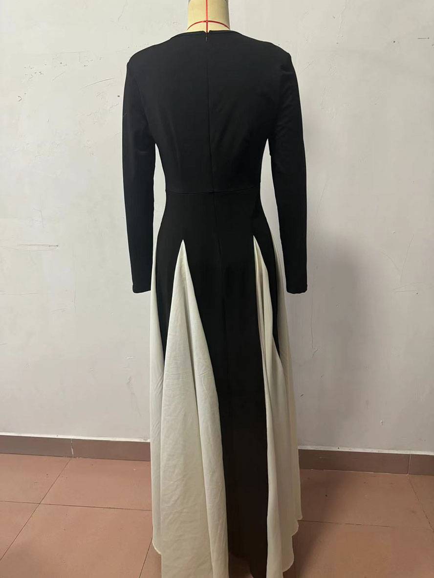 Zaprada long white and black dress with block color, round neckline, long sleeves, elegant and casual for evening wear.