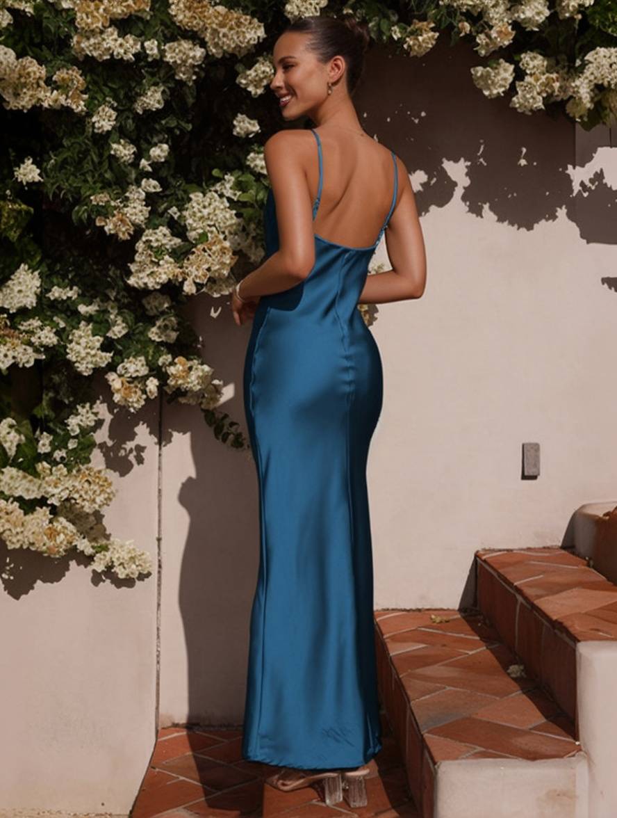Zaprada satin form-fitting backless bridesmaid dress with thin straps, elegant evening wear for wedding guests