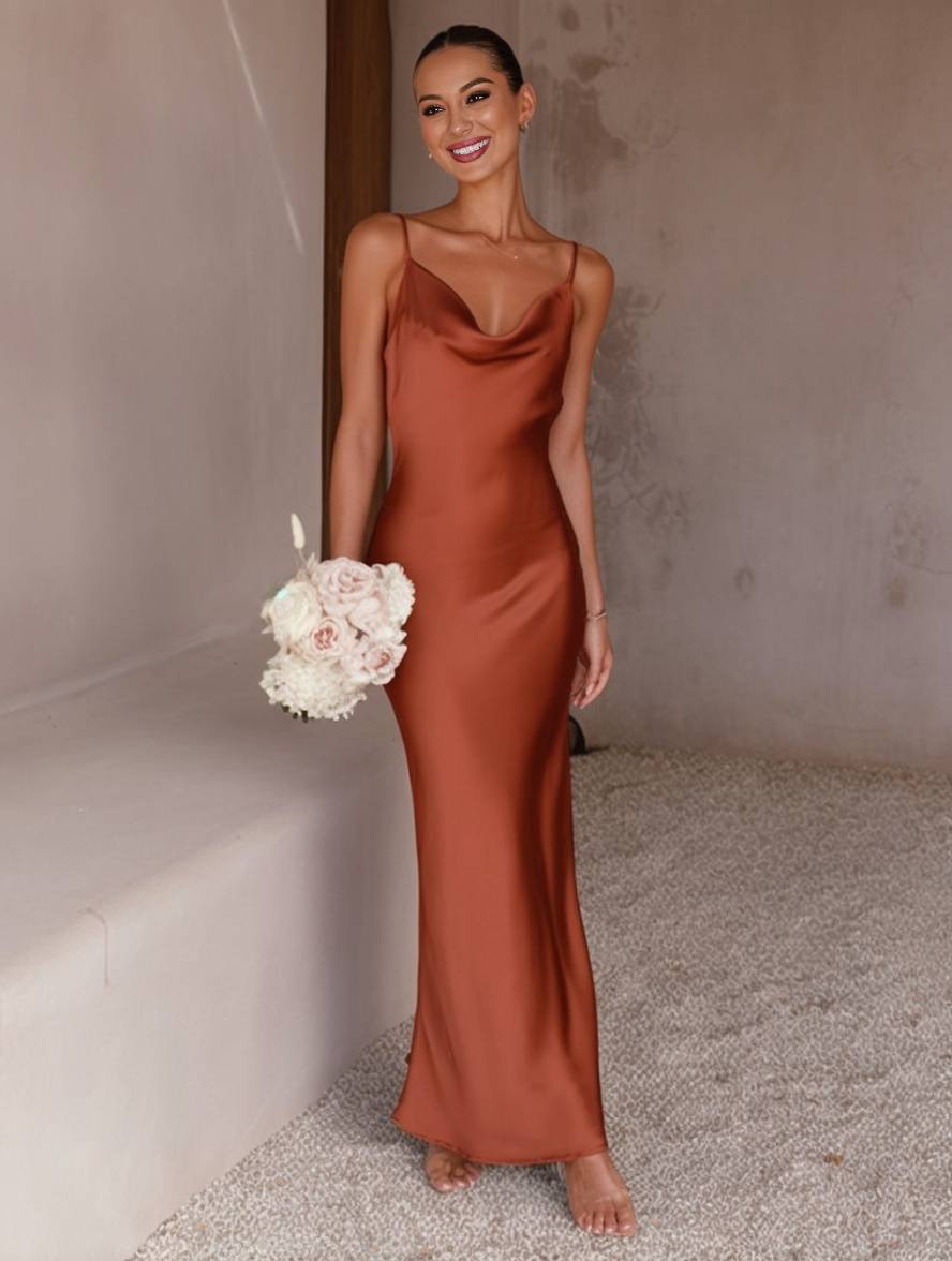 Zaprada satin form-fitting backless bridesmaid dress with thin straps, elegant evening wear for wedding guests