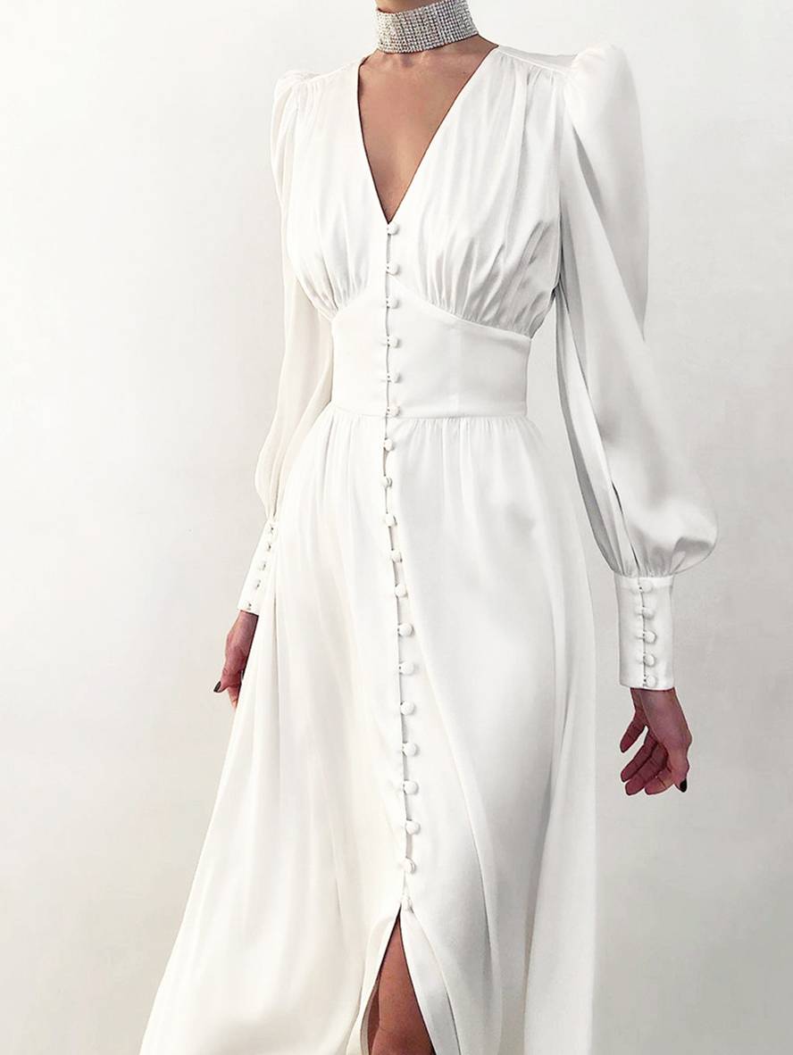 Zaprada long satin dress with V-neck, button closure, bishop sleeves, long sleeves, elegant vintage evening dress for weddings