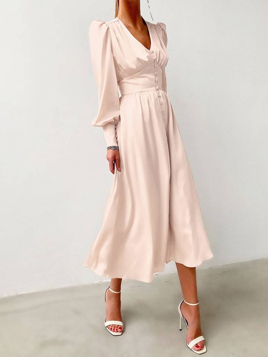Zaprada long satin dress with V-neck, button closure, bishop sleeves, long sleeves, elegant vintage evening dress for weddings
