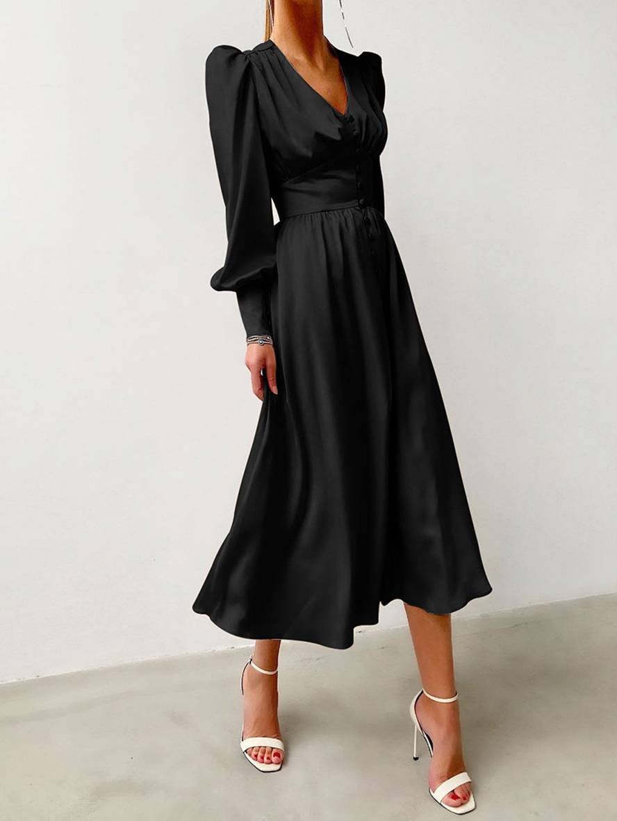 Zaprada long satin dress with V-neck, button closure, bishop sleeves, long sleeves, elegant vintage evening dress for weddings