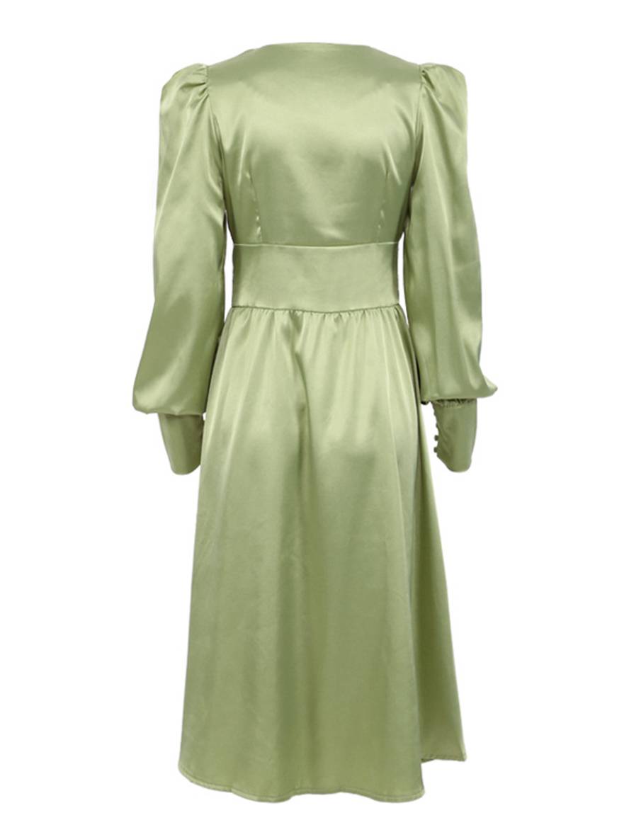 Zaprada long satin dress with V-neck, button closure, bishop sleeves, long sleeves, elegant vintage evening dress for weddings
