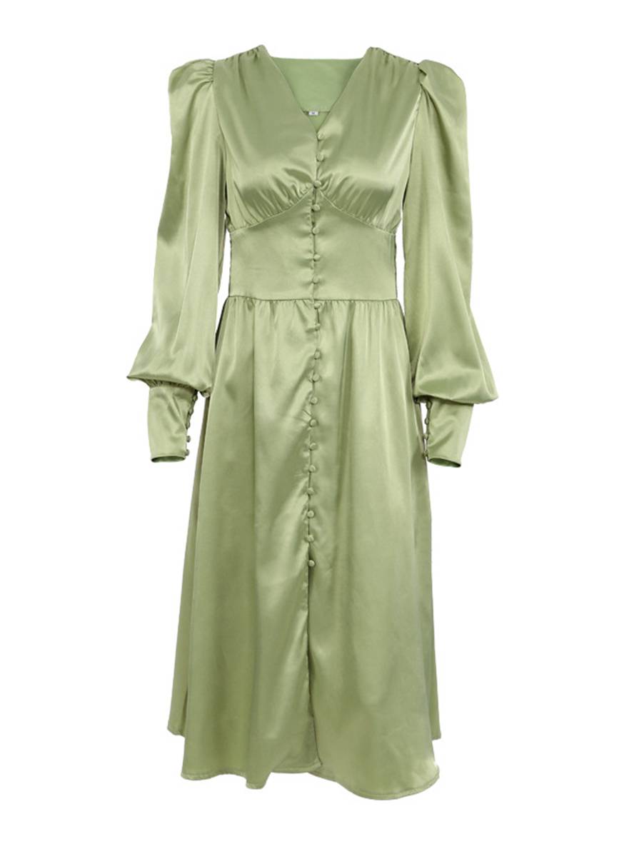 Zaprada long satin dress with V-neck, button closure, bishop sleeves, long sleeves, elegant vintage evening dress for weddings