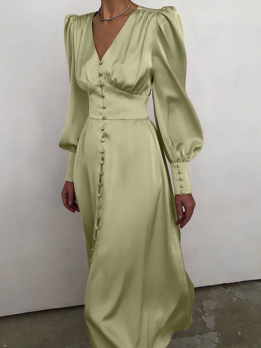 Zaprada long satin dress with V-neck, button closure, bishop sleeves, long sleeves, elegant vintage evening dress for weddings