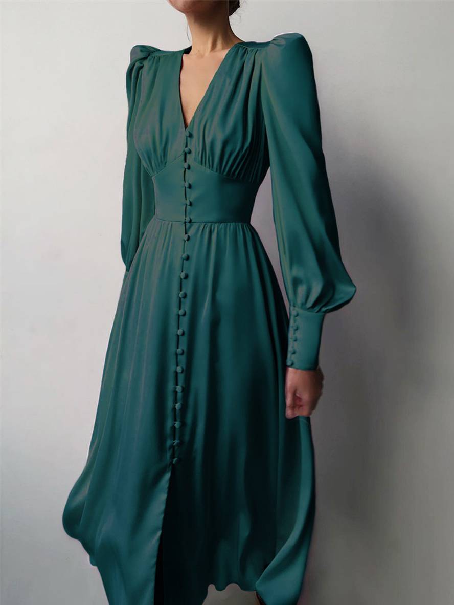 Zaprada long satin dress with V-neck, button closure, bishop sleeves, long sleeves, elegant vintage evening dress for weddings