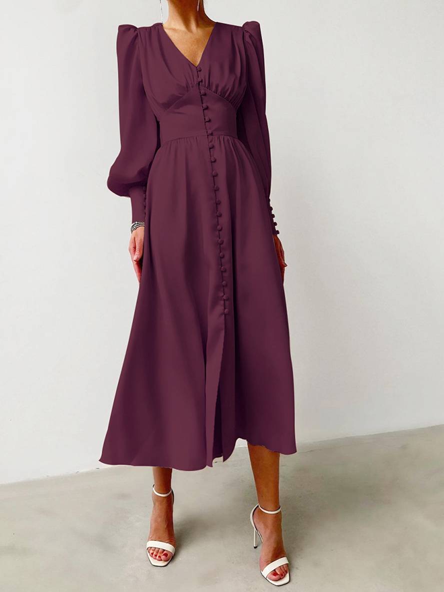Zaprada long satin dress with V-neck, button closure, bishop sleeves, long sleeves, elegant vintage evening dress for weddings