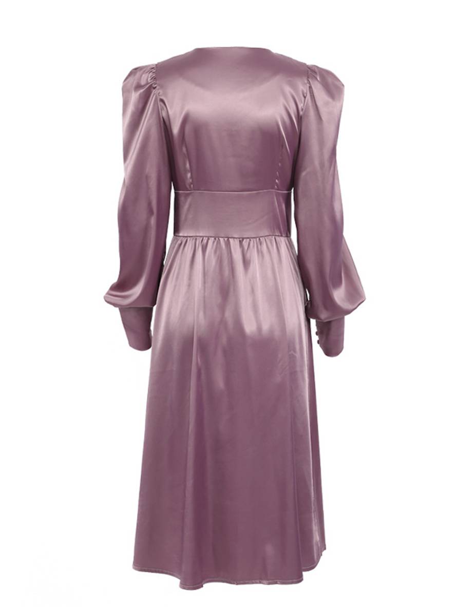 Zaprada long satin dress with V-neck, button closure, bishop sleeves, long sleeves, elegant vintage evening dress for weddings