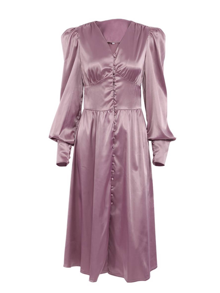 Zaprada long satin dress with V-neck, button closure, bishop sleeves, long sleeves, elegant vintage evening dress for weddings