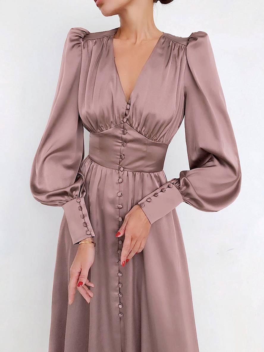 Zaprada long satin dress with V-neck, button closure, bishop sleeves, long sleeves, elegant vintage evening dress for weddings