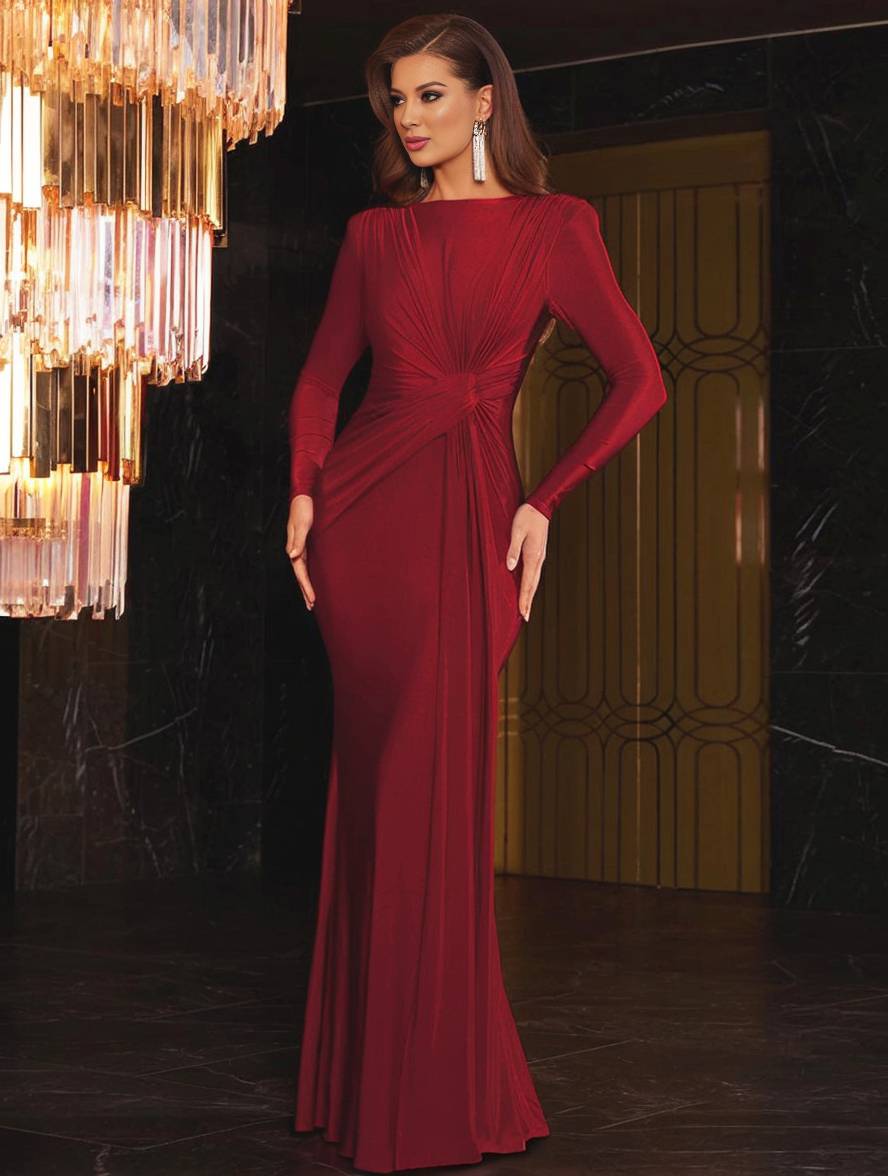 Zaprada long, form-fitting, solid-color, round-neck, long-sleeve, elegant evening dress for women, suitable for wedding guests