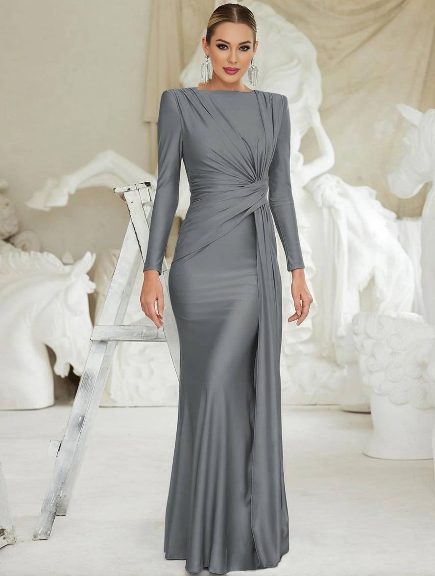Zaprada long, form-fitting, solid-color, round-neck, long-sleeve, elegant evening dress for women, suitable for wedding guests