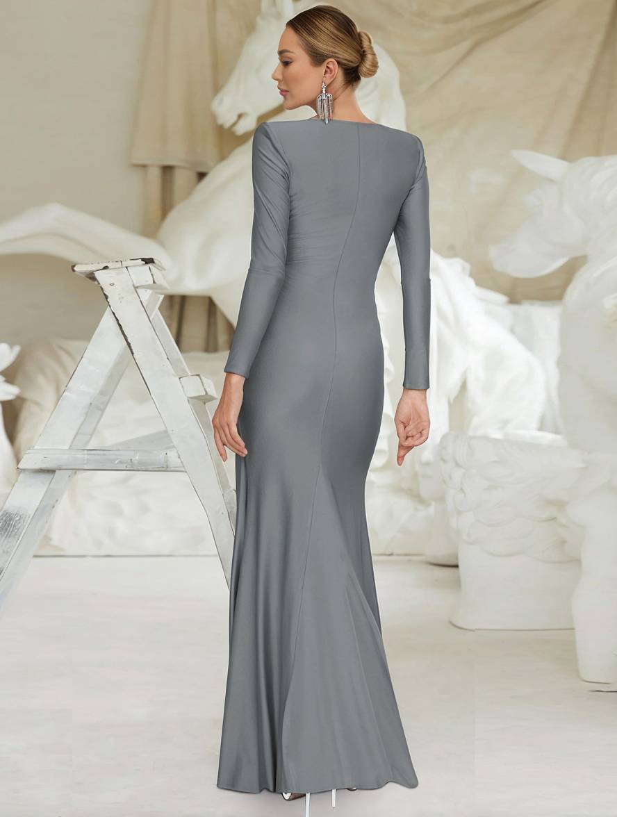 Zaprada long, form-fitting, solid-color, round-neck, long-sleeve, elegant evening dress for women, suitable for wedding guests