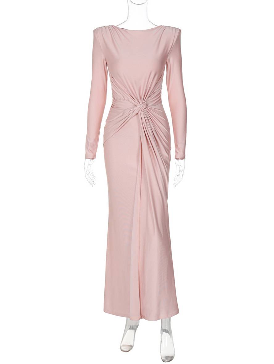 Zaprada long, form-fitting, solid-color, round-neck, long-sleeve, elegant evening dress for women, suitable for wedding guests