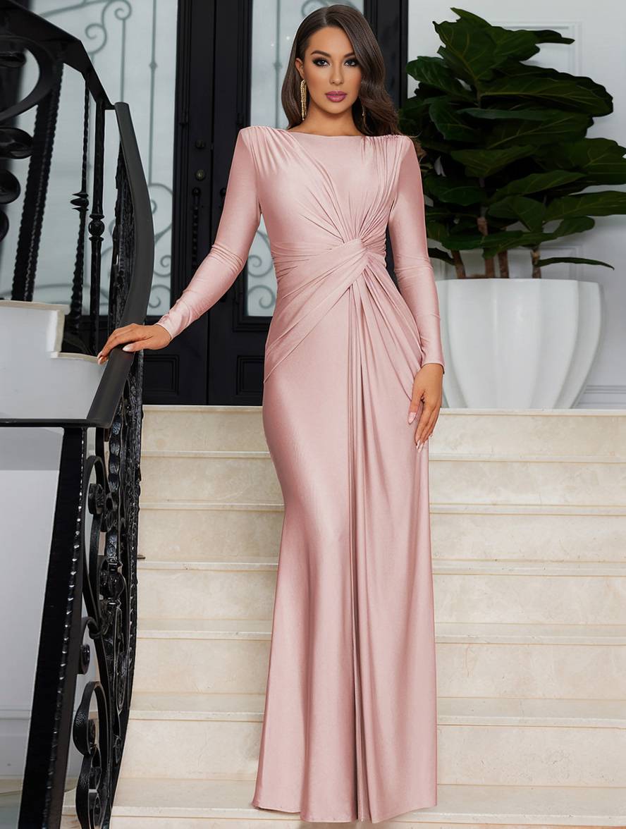 Zaprada long, form-fitting, solid-color, round-neck, long-sleeve, elegant evening dress for women, suitable for wedding guests