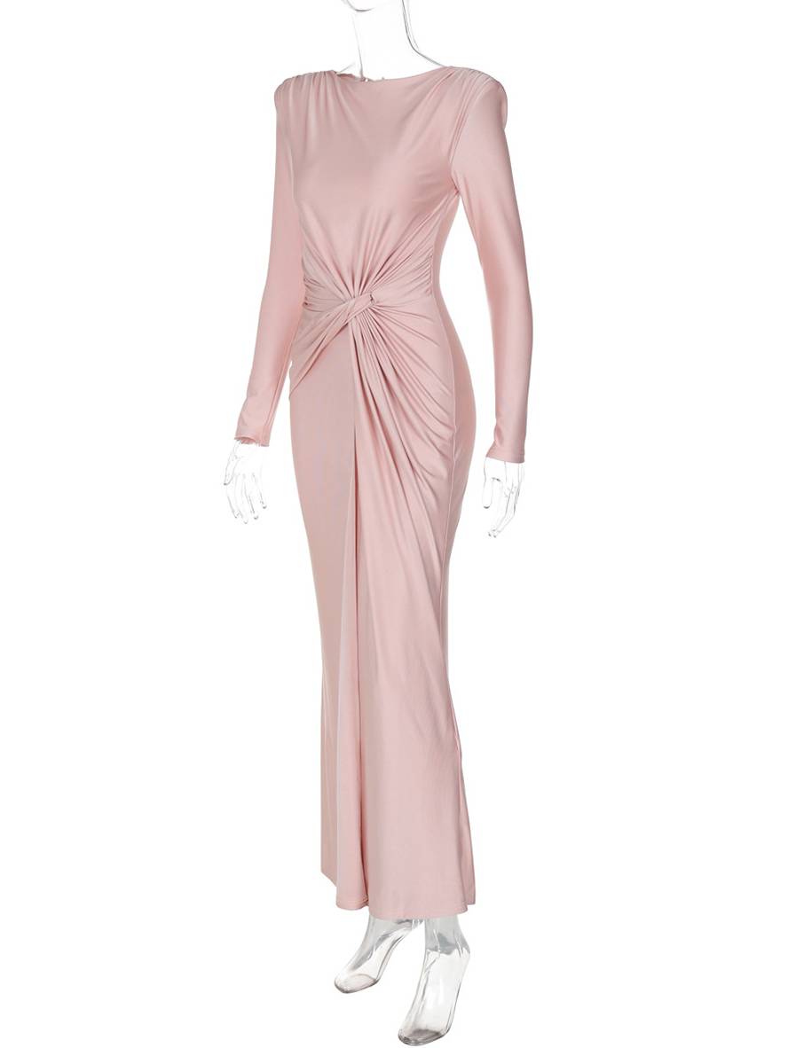 Zaprada long, form-fitting, solid-color, round-neck, long-sleeve, elegant evening dress for women, suitable for wedding guests