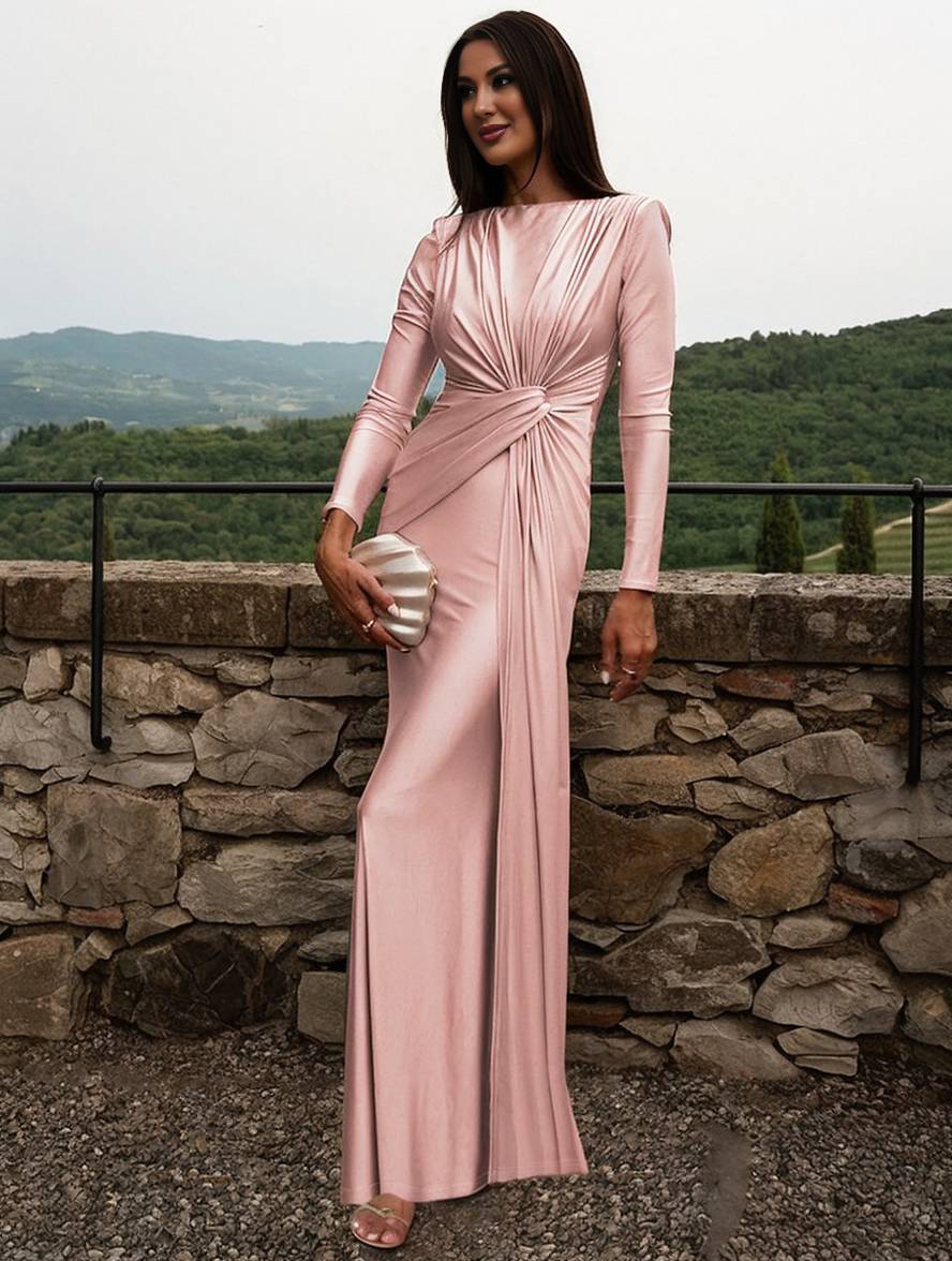 Zaprada long, form-fitting, solid-color, round-neck, long-sleeve, elegant evening dress for women, suitable for wedding guests