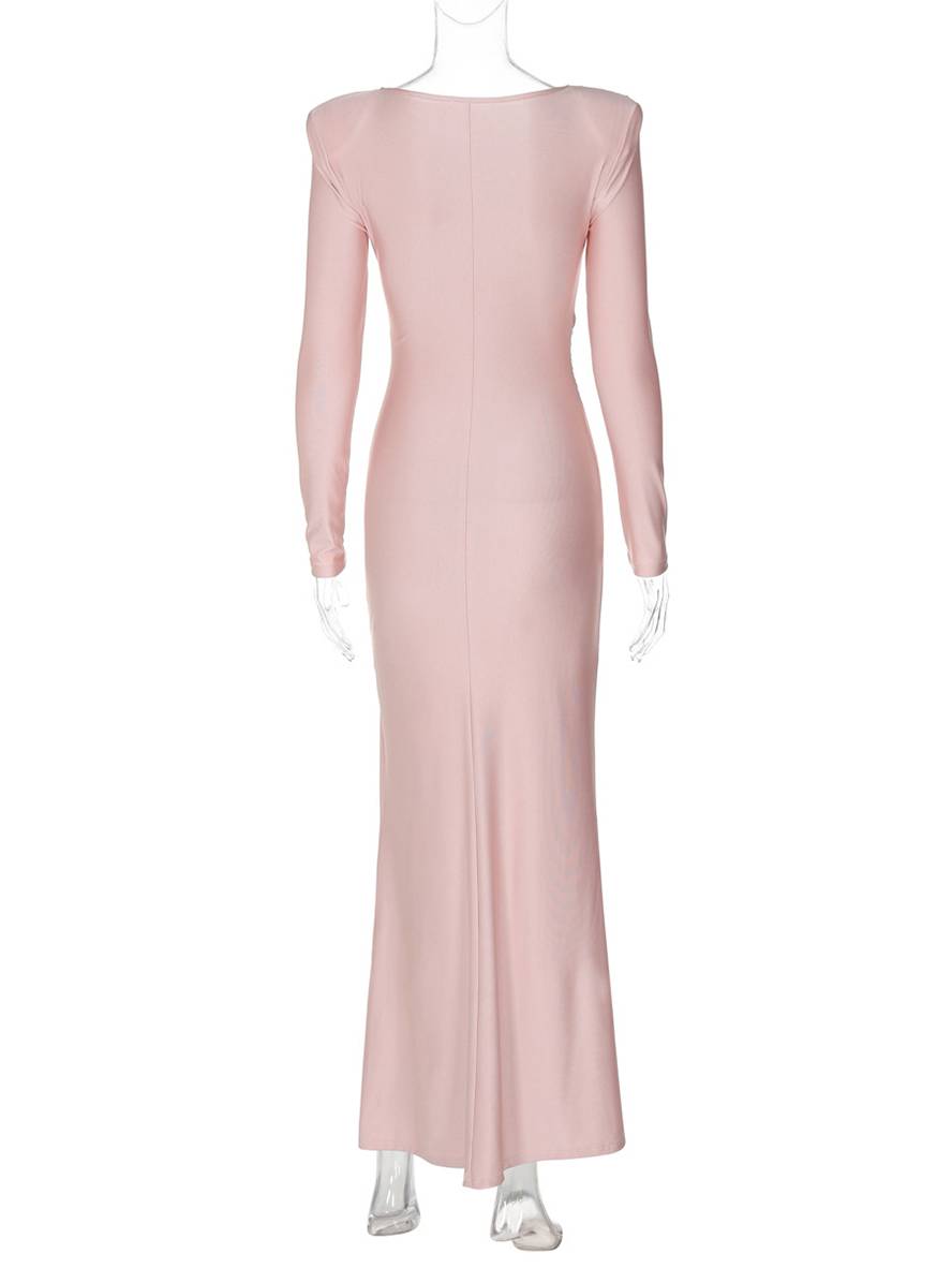 Zaprada long, form-fitting, solid-color, round-neck, long-sleeve, elegant evening dress for women, suitable for wedding guests