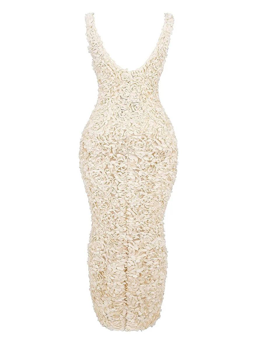 Zaprada long fitted dress with slit, appliqués, plunging neckline, sleeveless, elegant evening dress for women, perfect for weddings