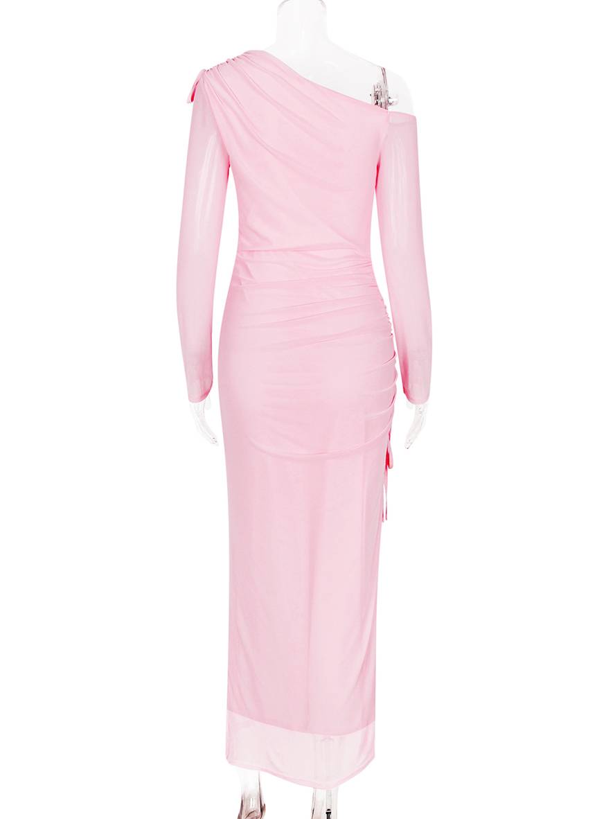 Zaprada long fitted tulle dress with side slit, one shoulder, long sleeves, elegant and casual evening wear for women.