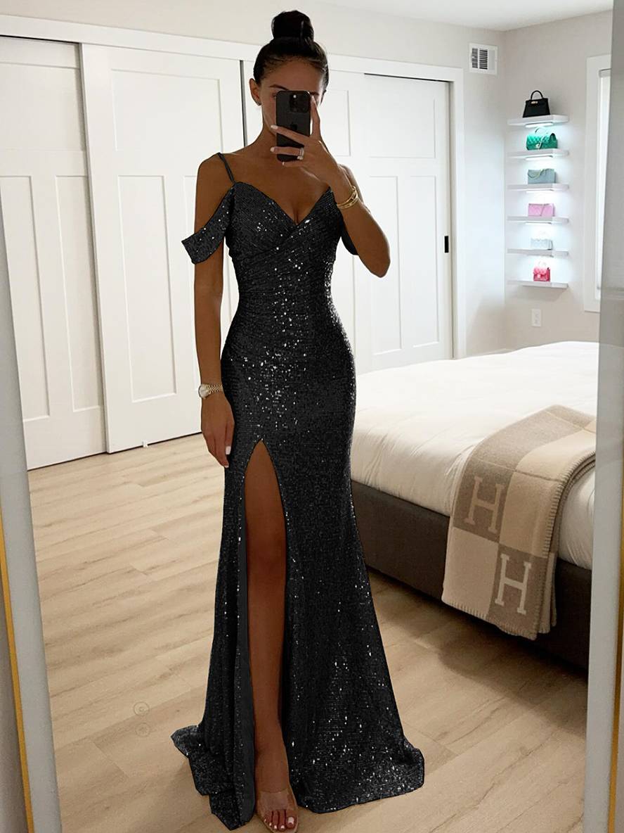 Zaprada long dress v-neck shiny sequin split side split shoulders sleeveless elegant woman evening ceremony