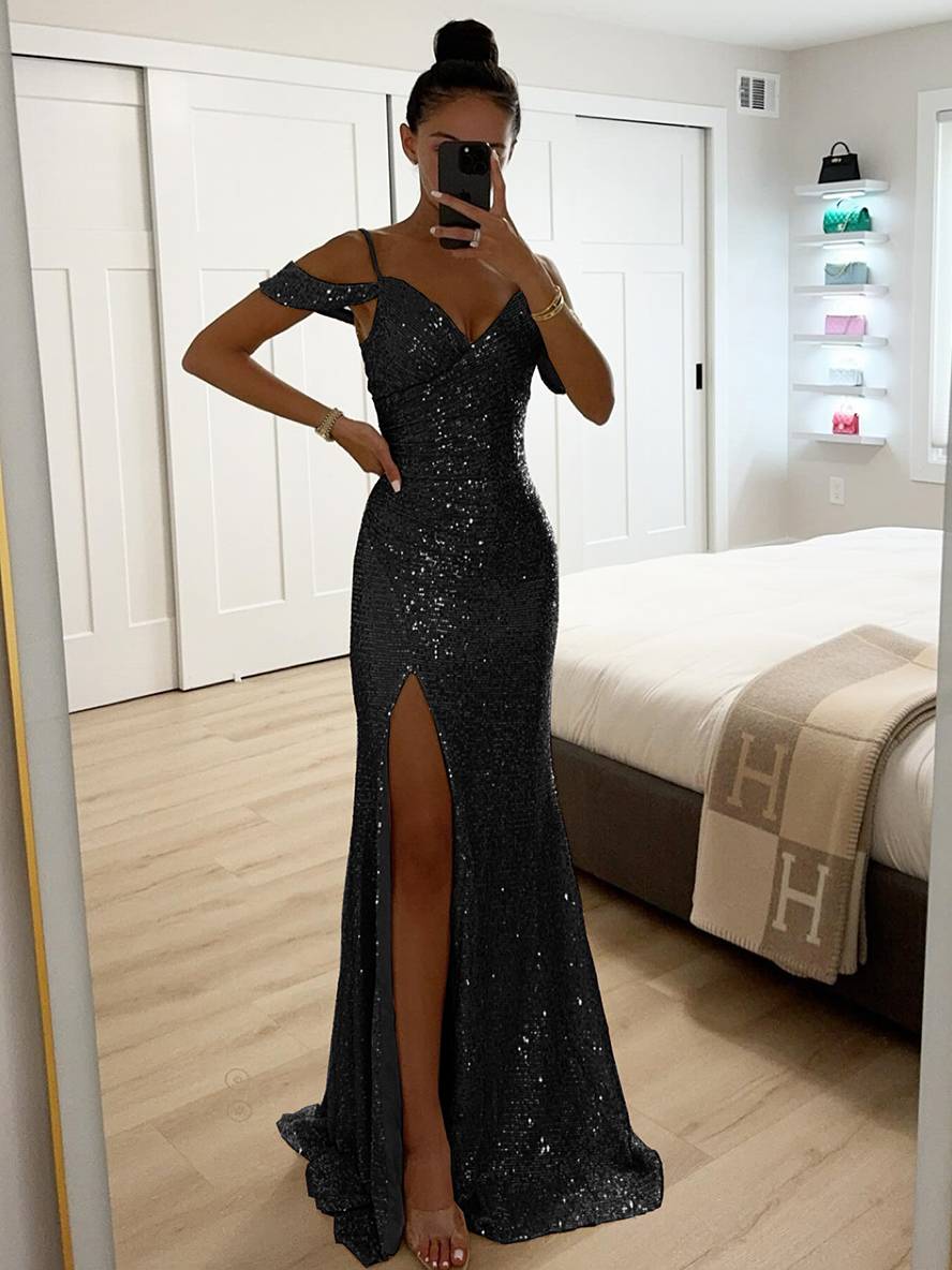 Zaprada long dress v-neck shiny sequin split side split shoulders sleeveless elegant woman evening ceremony
