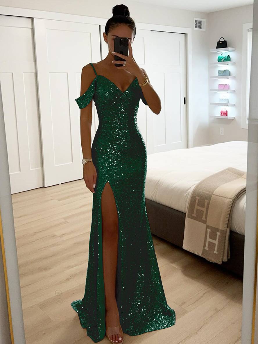 Zaprada long dress v-neck shiny sequin split side split shoulders sleeveless elegant woman evening ceremony