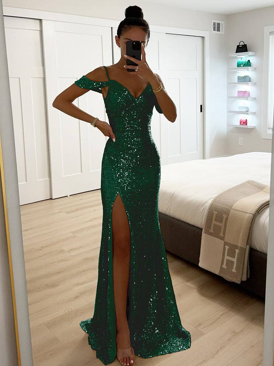 Zaprada long dress v-neck shiny sequin split side split shoulders sleeveless elegant woman evening ceremony