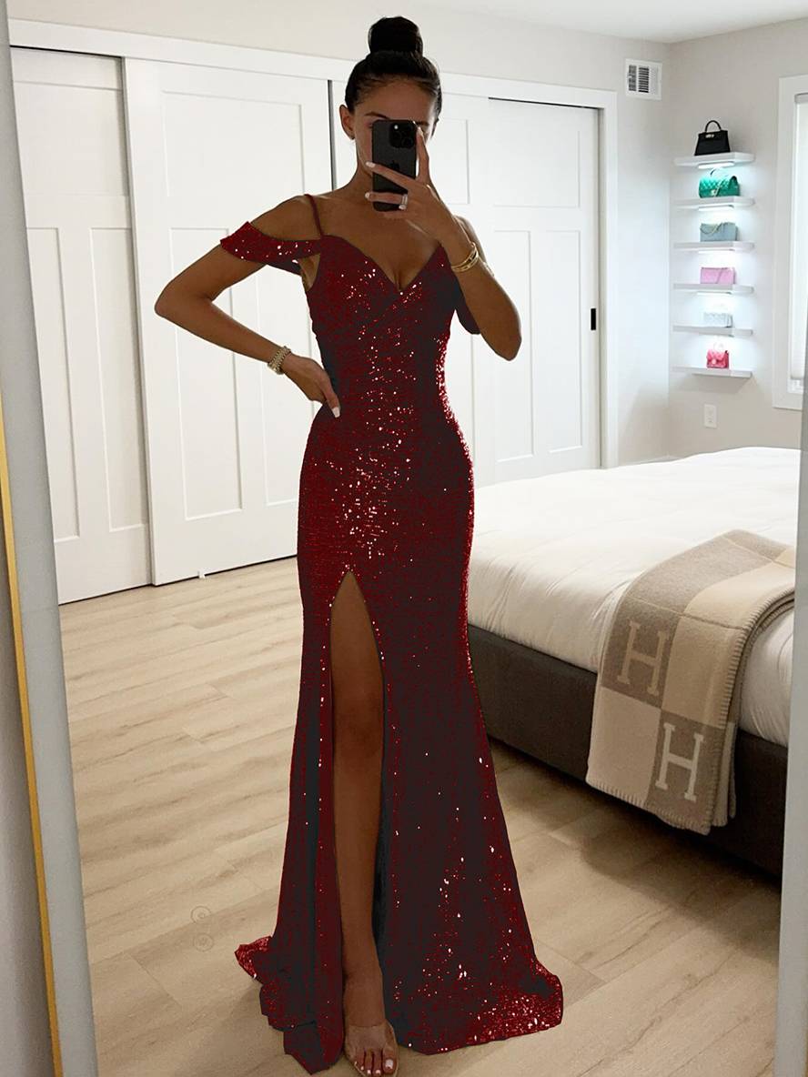 Zaprada long dress v-neck shiny sequin split side split shoulders sleeveless elegant woman evening ceremony