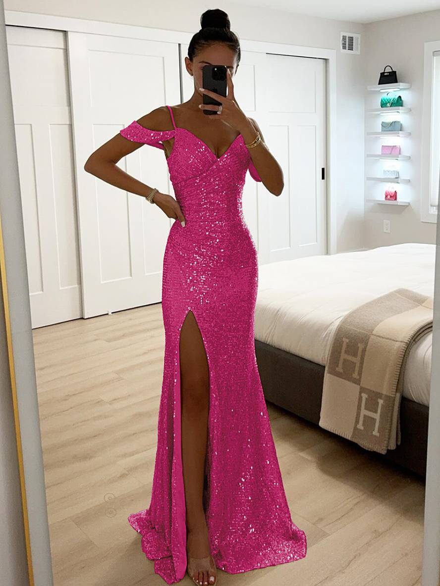 Zaprada long dress v-neck shiny sequin split side split shoulders sleeveless elegant woman evening ceremony