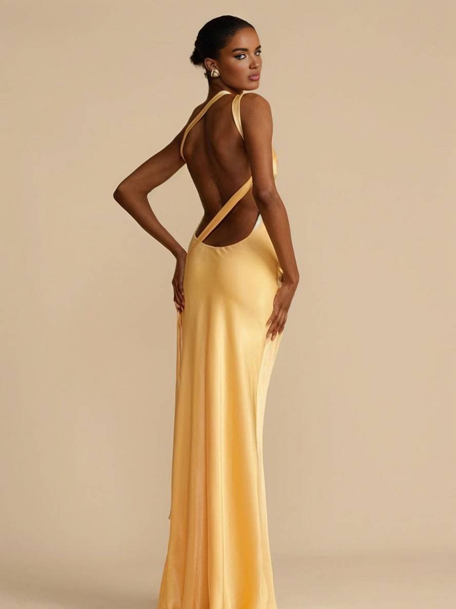 zaprada long satin dress one-shoulder halter sleeveless belted elegant woman evening prom champetre