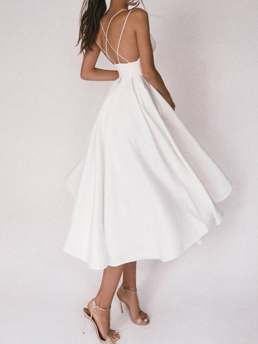 Zaprada mid-length A-line dress with open back, thin straps, and V-neck for women, elegant cocktail dress