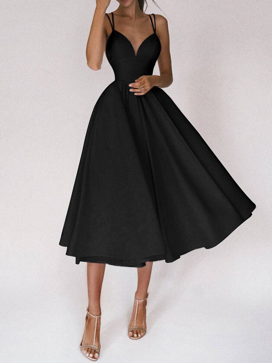 Zaprada mid-length A-line dress with open back, thin straps, and V-neck for women, elegant cocktail dress