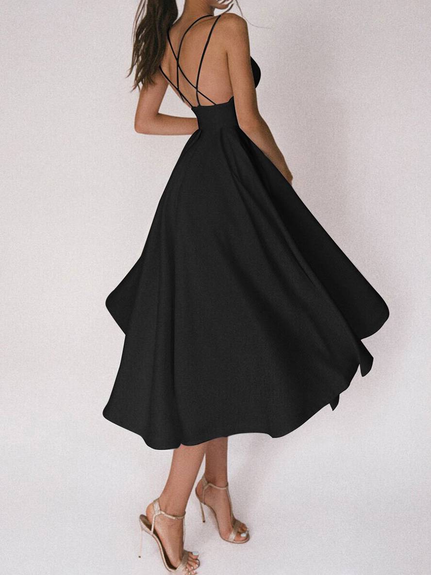 Zaprada mid-length A-line dress with open back, thin straps, and V-neck for women, elegant cocktail dress