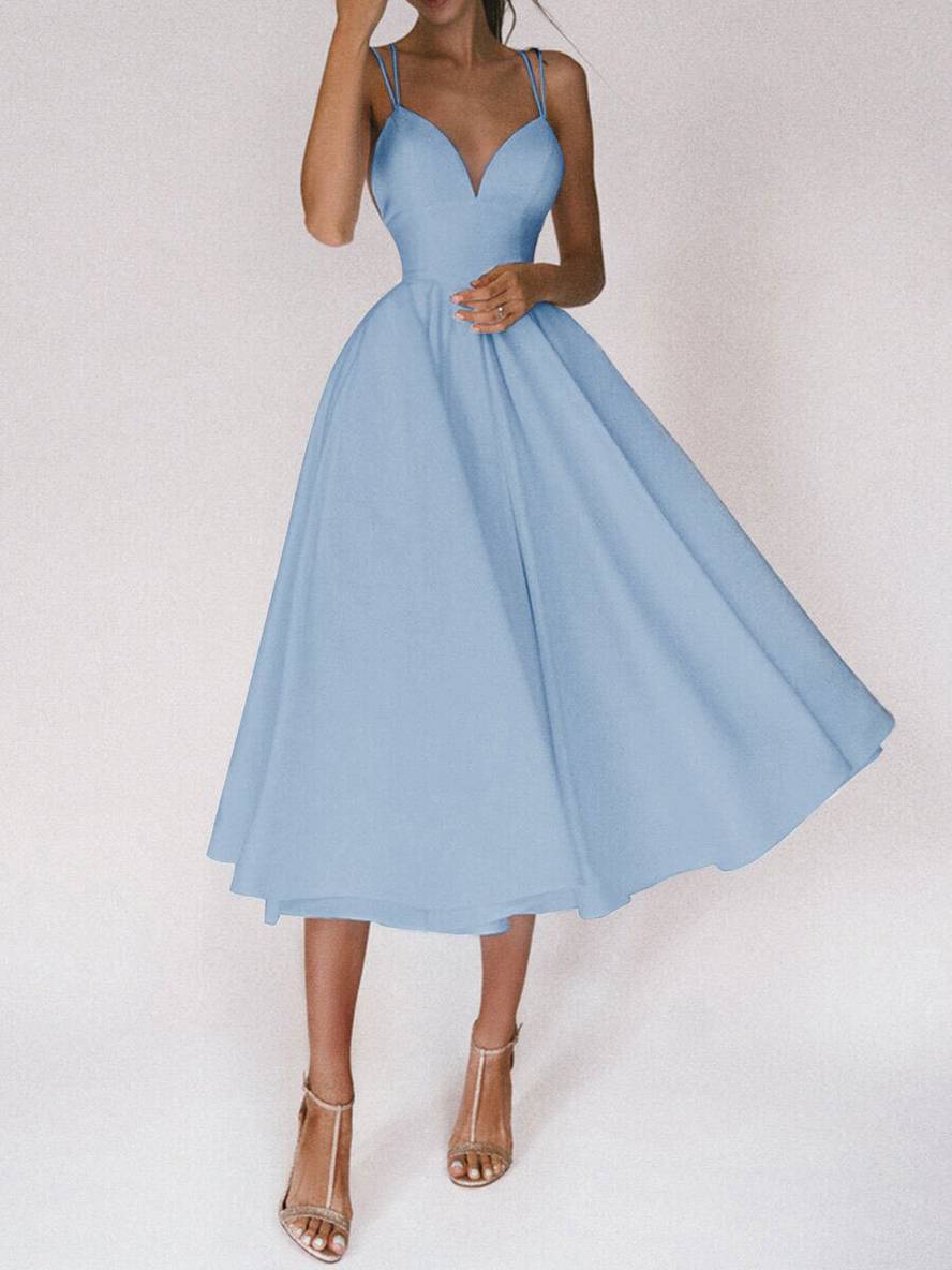 Zaprada mid-length A-line dress with open back, thin straps, and V-neck for women, elegant cocktail dress