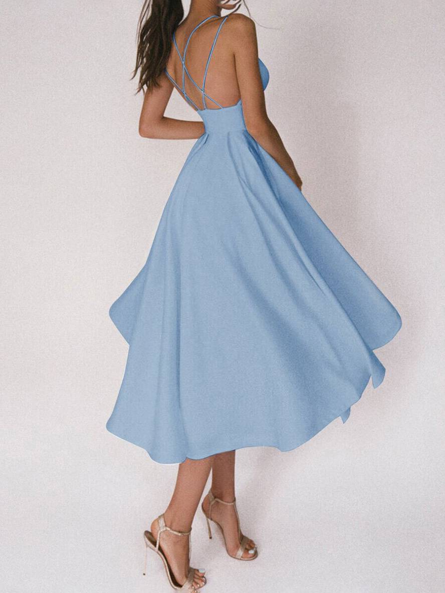 Zaprada mid-length A-line dress with open back, thin straps, and V-neck for women, elegant cocktail dress