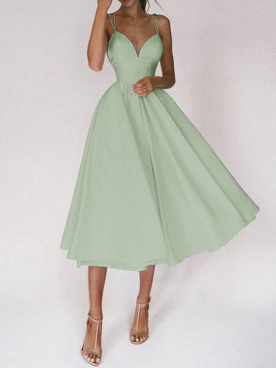 Zaprada mid-length A-line dress with open back, thin straps, and V-neck for women, elegant cocktail dress