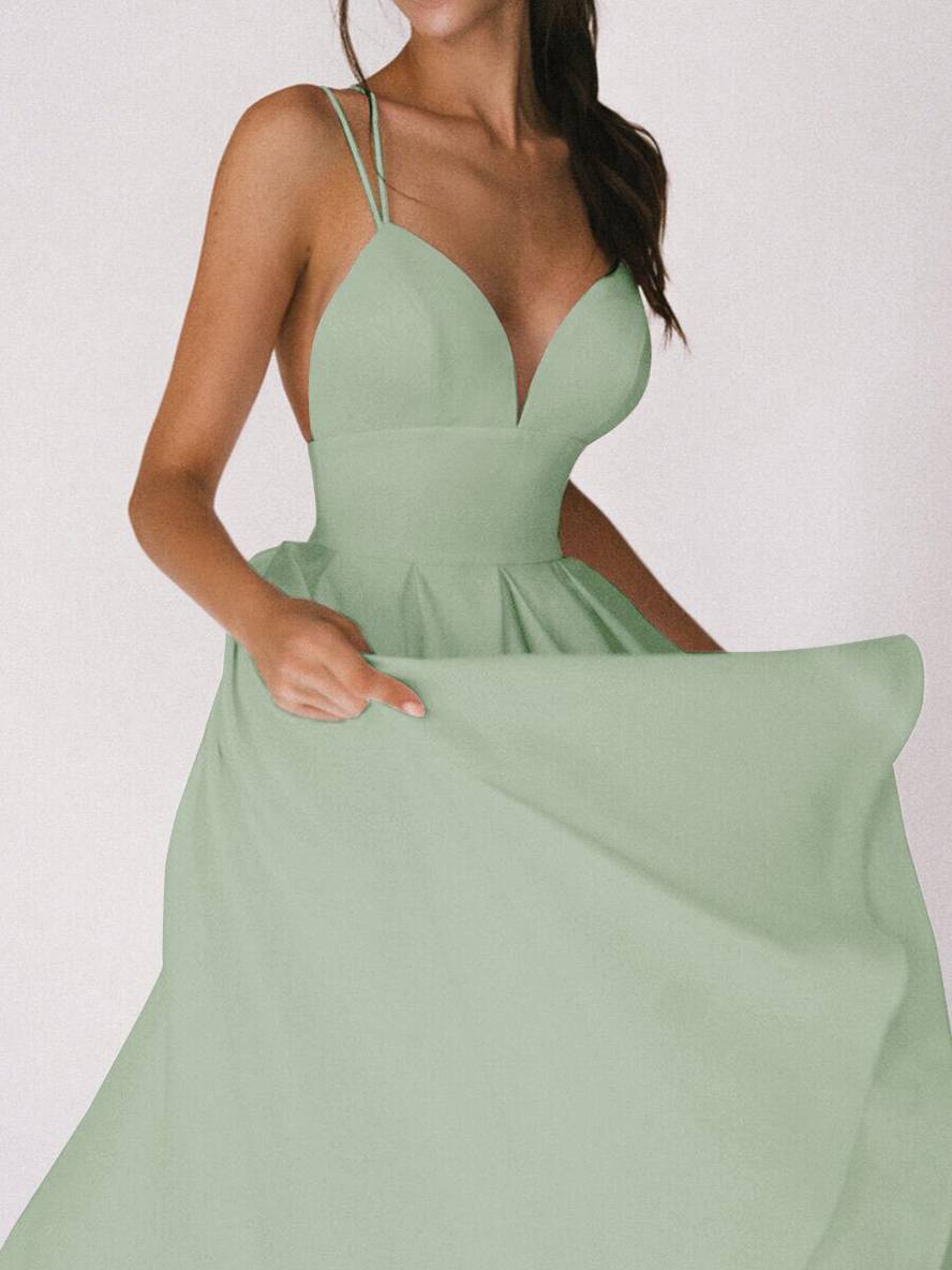 Zaprada mid-length A-line dress with open back, thin straps, and V-neck for women, elegant cocktail dress