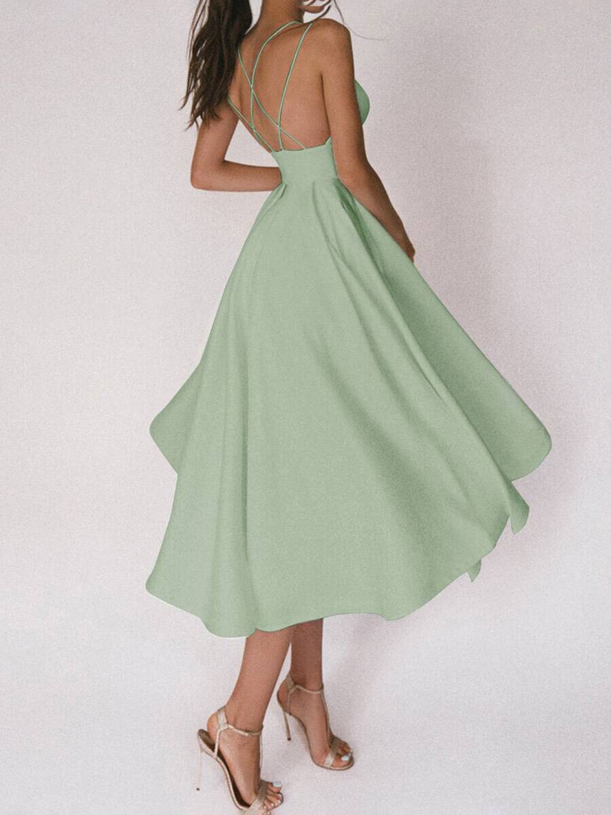 Zaprada mid-length A-line dress with open back, thin straps, and V-neck for women, elegant cocktail dress