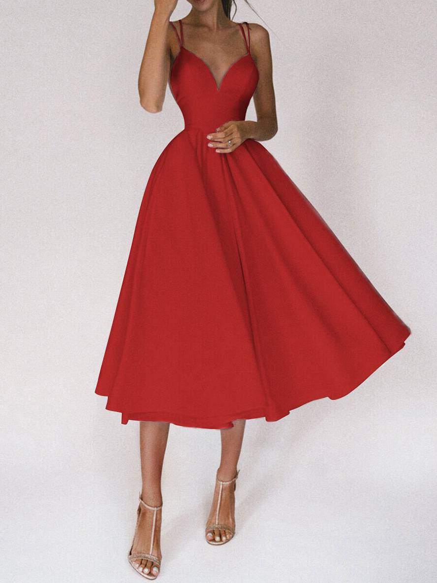 Zaprada mid-length A-line dress with open back, thin straps, and V-neck for women, elegant cocktail dress