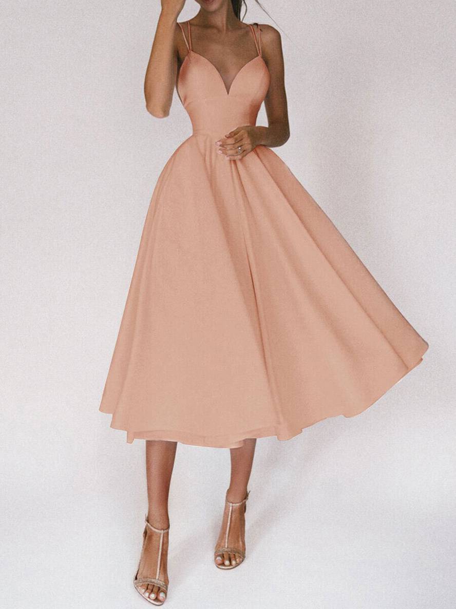 Zaprada mid-length A-line dress with open back, thin straps, and V-neck for women, elegant cocktail dress